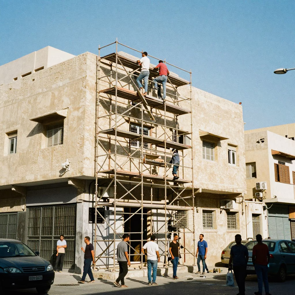 Midday Street Scene in Alexandria Egypt with Scaffolding Workers and Urban Activity in in Alexandria, Egypt