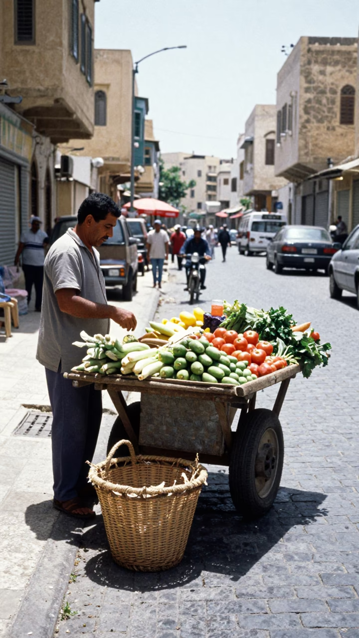 Midday Street Scene in Alexandria Egypt with Scrap Basket and Local Commerce in in Alexandria, Egypt