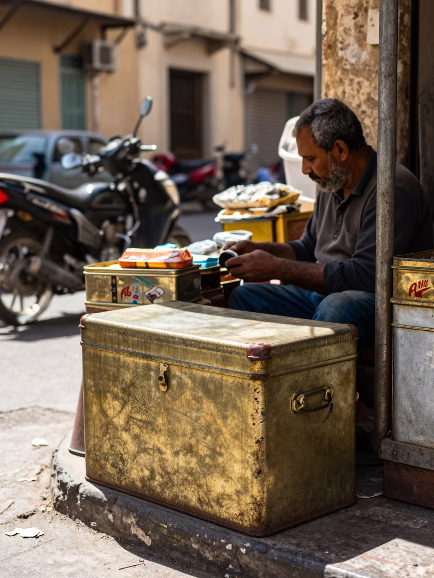 Midday Street Scene in Alexandria Egypt with Vintage Tin Box and Glass Terrarium in in Alexandria, Egypt