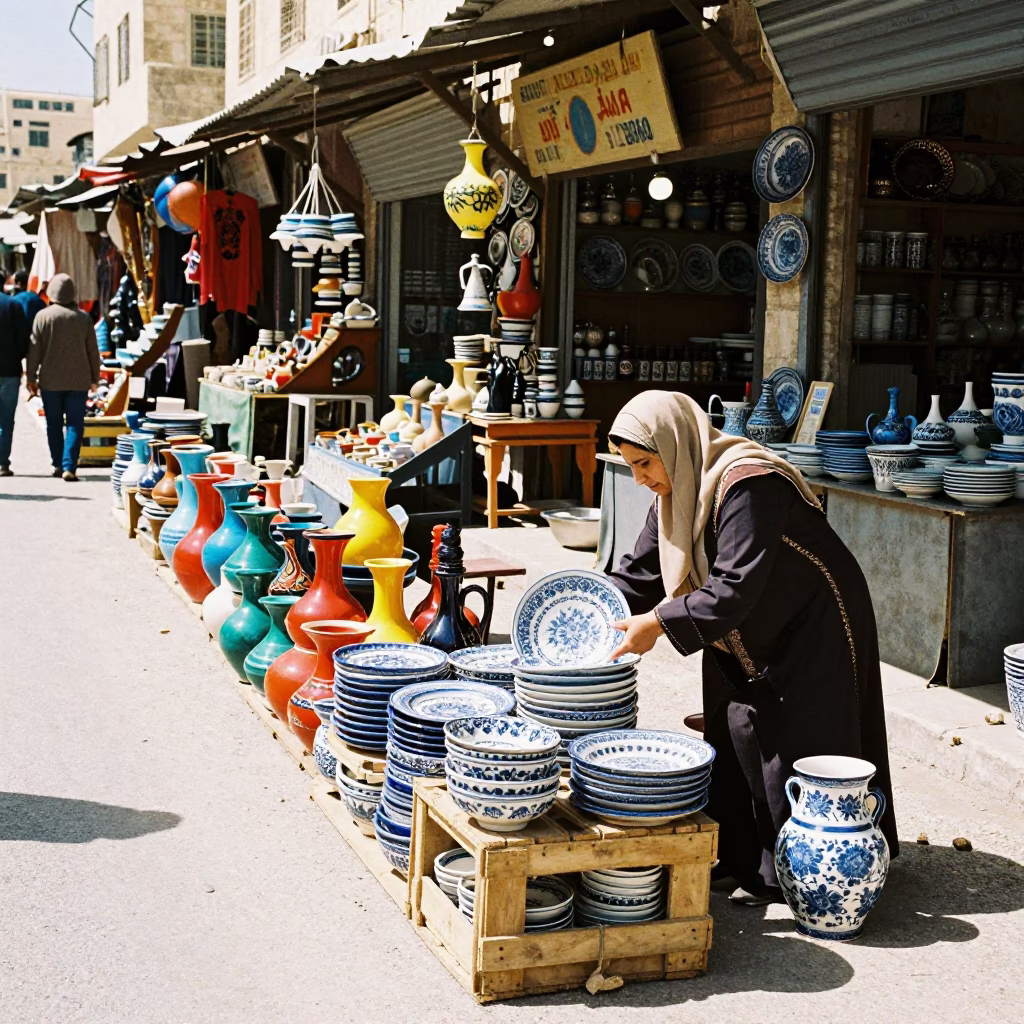 Midday Street Scene in Amman Jordan with Colorful Pottery Market Stalls and Local Commerce in in Amman, Jordan