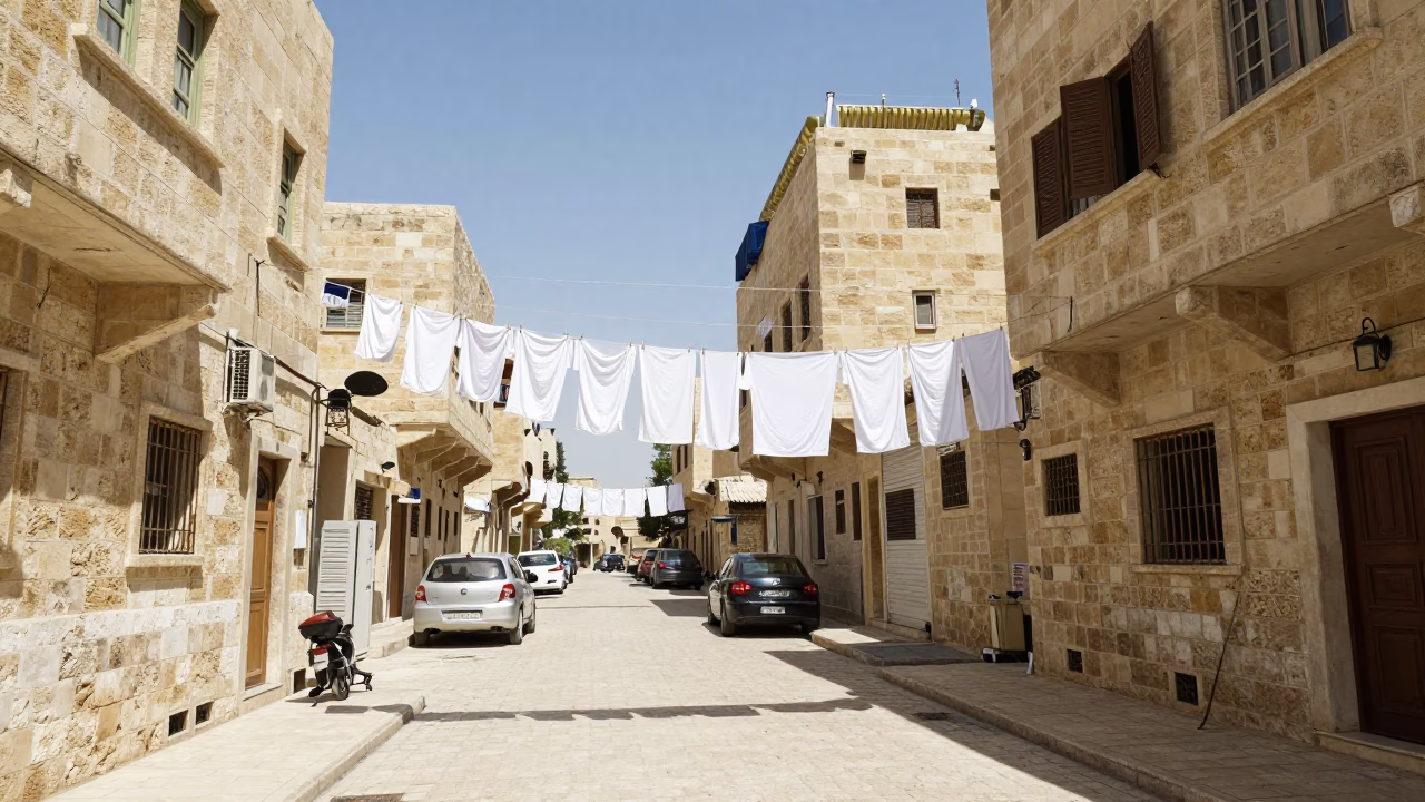 Midday Street Scene in Amman Jordan with Laundry Hanging and Urban Details in in Amman, Jordan