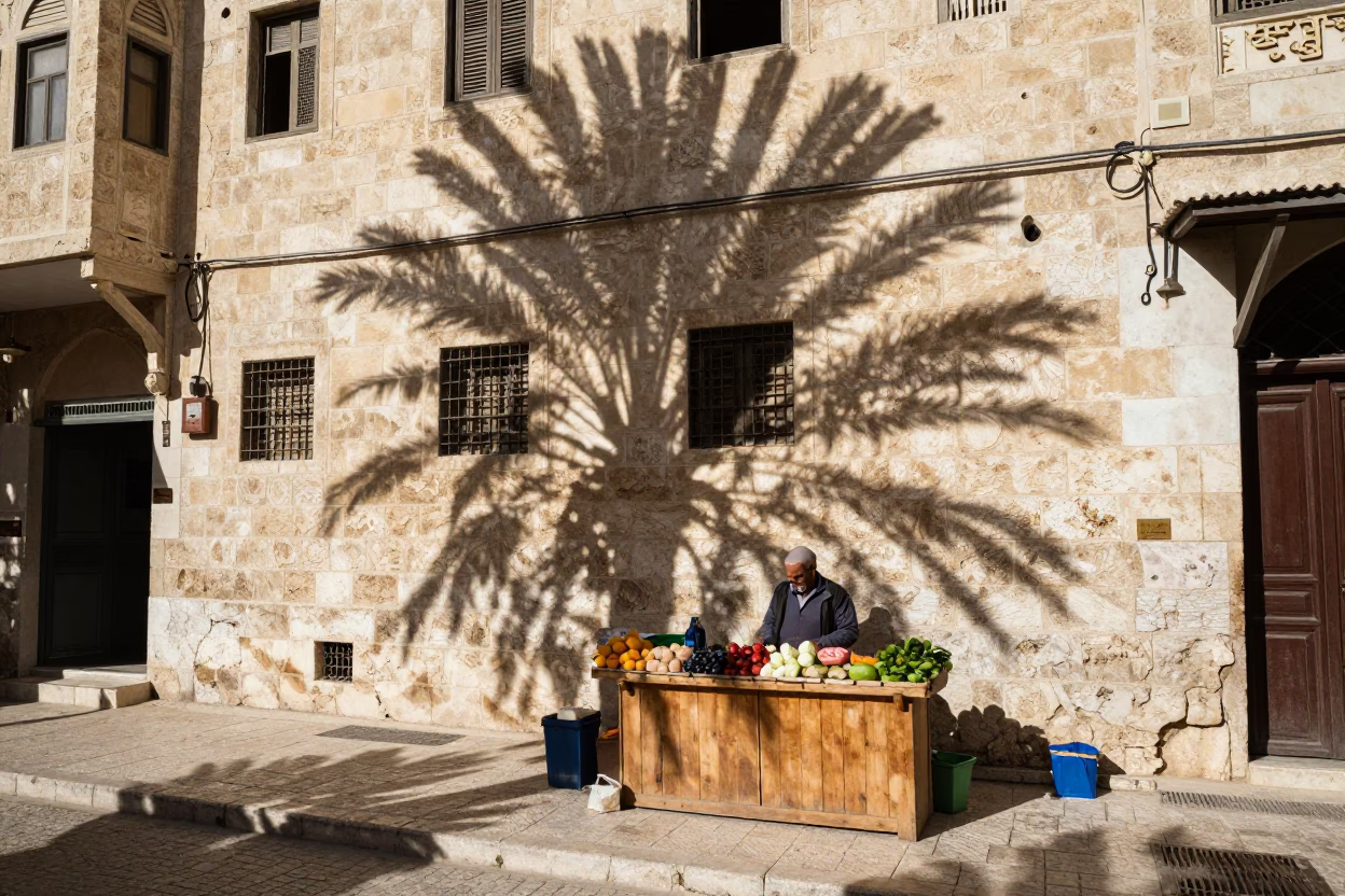 Midday Street Scene in Amman Jordan with Leaf Shadows and Local Life in in Amman, Jordan
