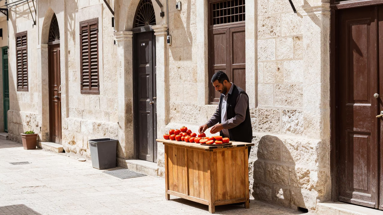 Midday Street Scene in Amman Jordan with Local Shopkeeper and Wooden Board in in Amman, Jordan