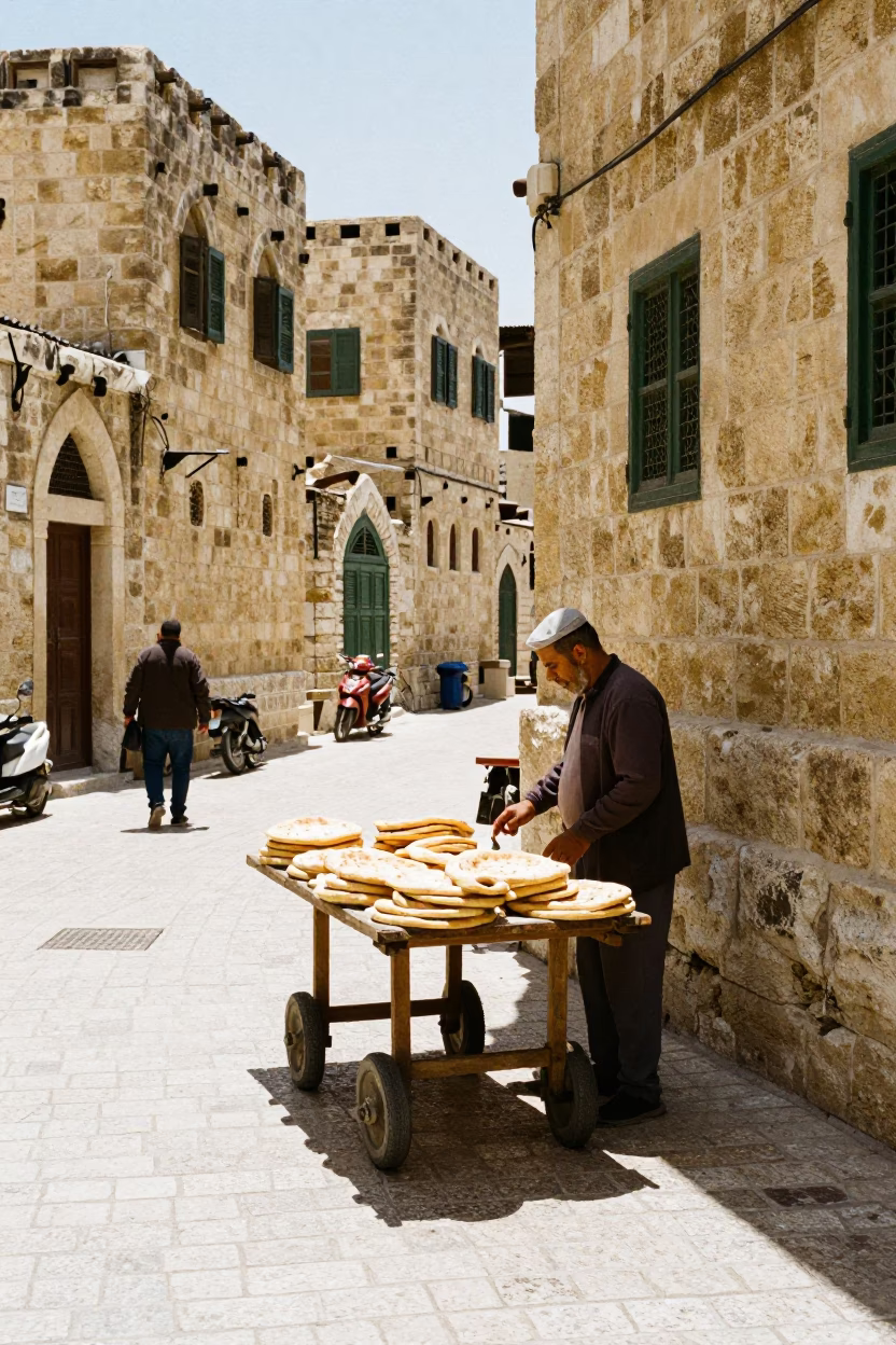 Midday Street Scene in Amman Jordan with Local Vendor and Traditional Clay Pot in in Amman, Jordan