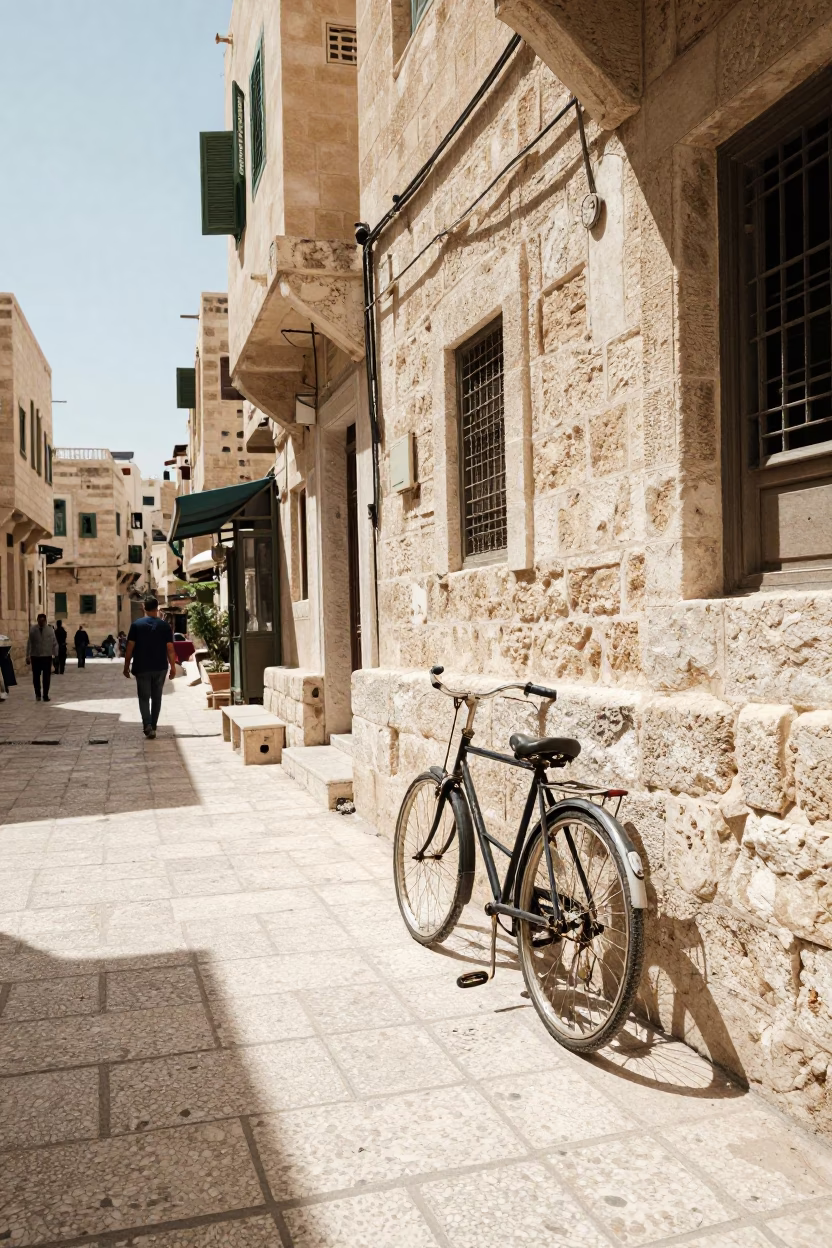 Midday Street Scene in Amman Jordan with Vintage Bicycle and Local Interaction in in Amman, Jordan