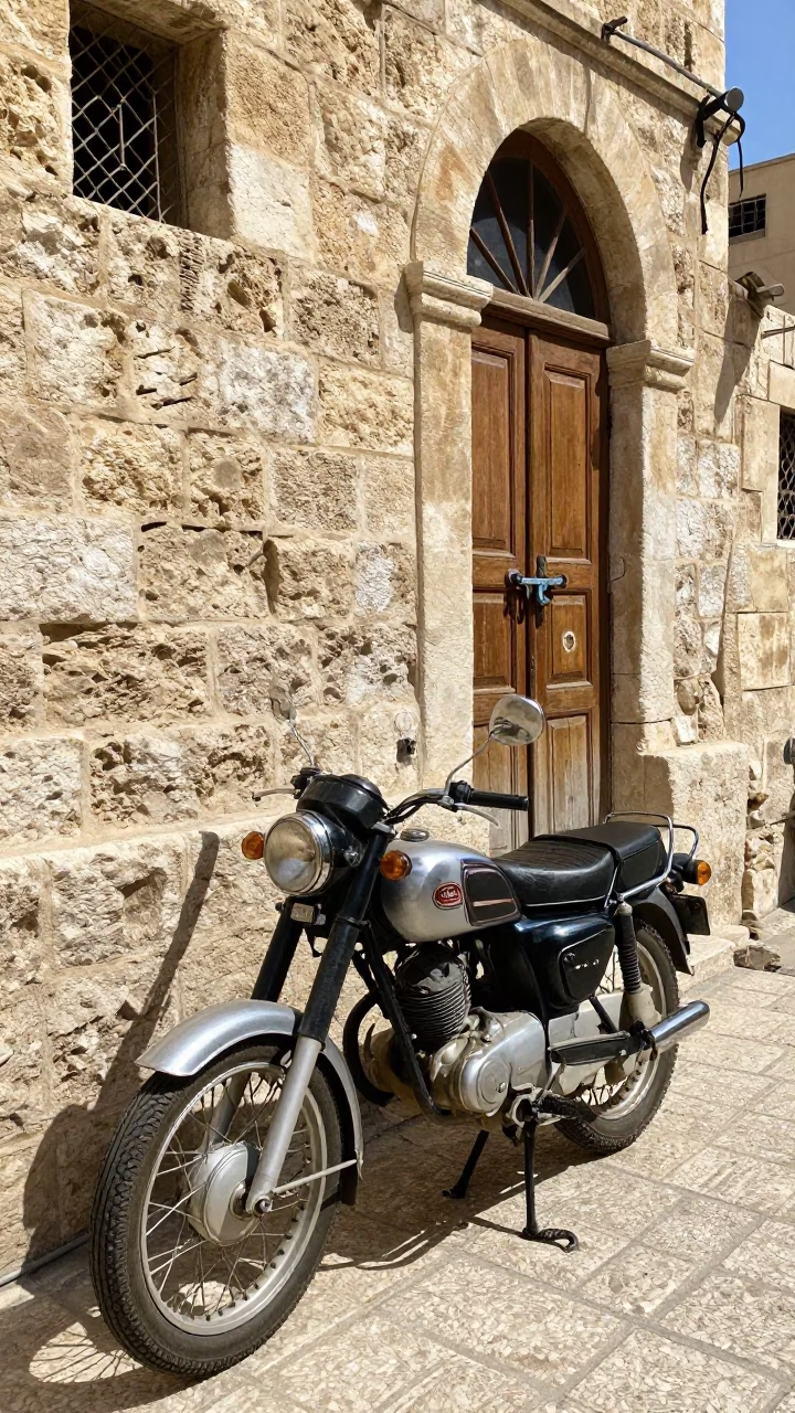 Midday Street Scene in Amman Jordan with Vintage Motorcycle and Latch Detail in in Amman, Jordan