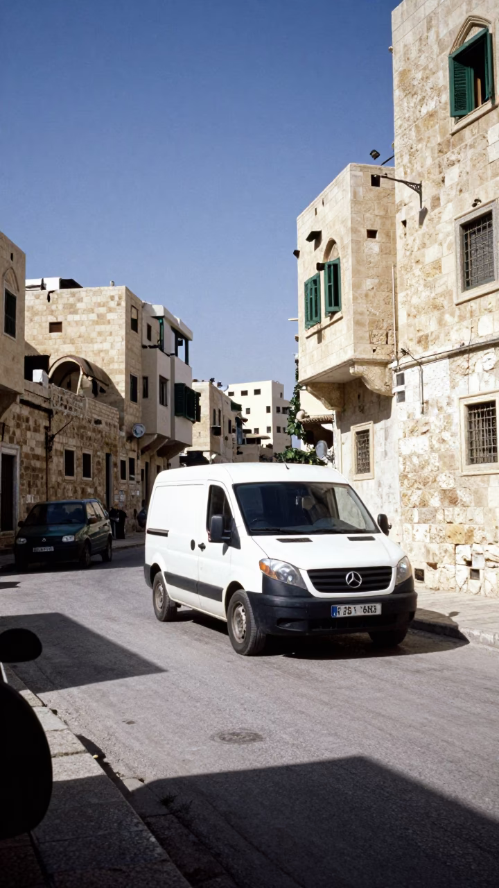 Midday Street Scene in Amman Jordan with White Van and Stone Architecture in in Amman, Jordan