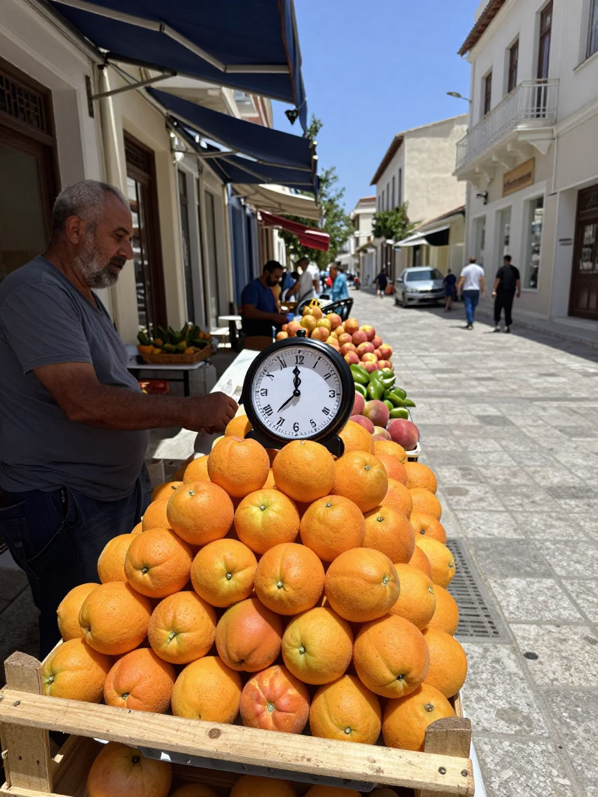 Midday Street Scene in Athens Greece with Chess Clock and Nectarines in in Athens, Greece