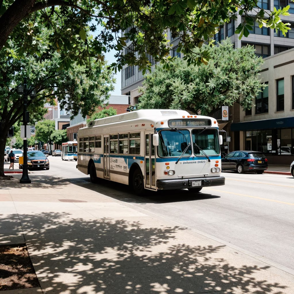 Midday Street Scene in Austin Texas with Classic Bus and Leaf Shadows in in Austin, Texas, United States