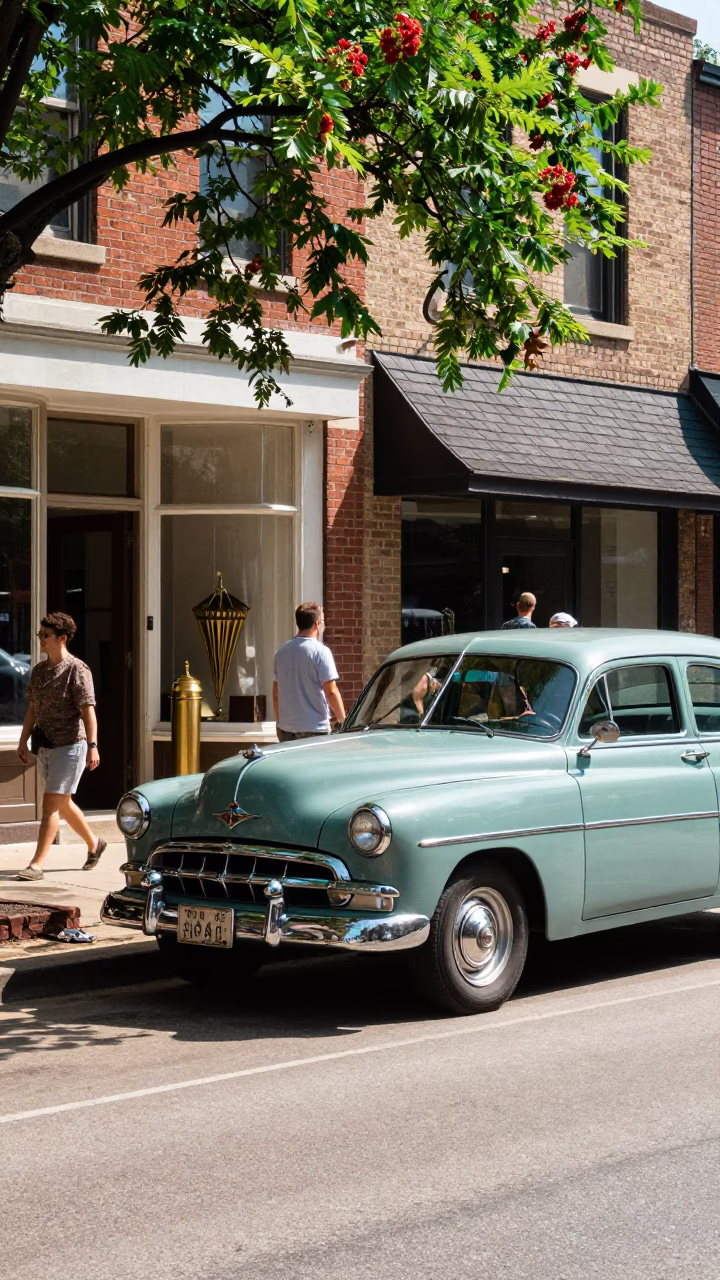 Midday Street Scene in Austin Texas with Vintage Car and Chestnut Tree in in Austin, Texas, United States