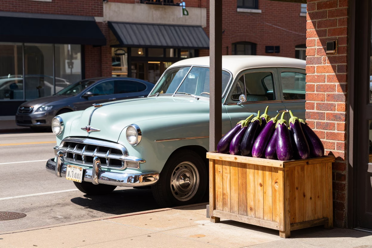 Midday Street Scene in Austin Texas with Vintage Car and Local Shop Display in in Austin, Texas, United States