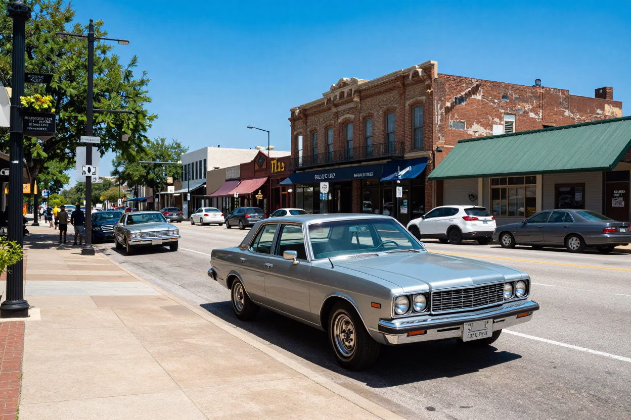 Midday Street Scene in Austin Texas with Vintage Cars and Local Architecture in in Austin, Texas, United States