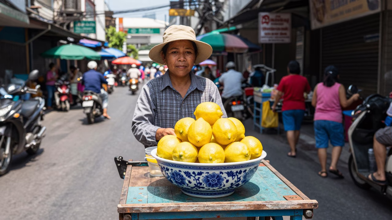 Midday Street Scene in Bangkok Thailand with Blue Porcelain Bowl and Lemons in in Bangkok, Thailand