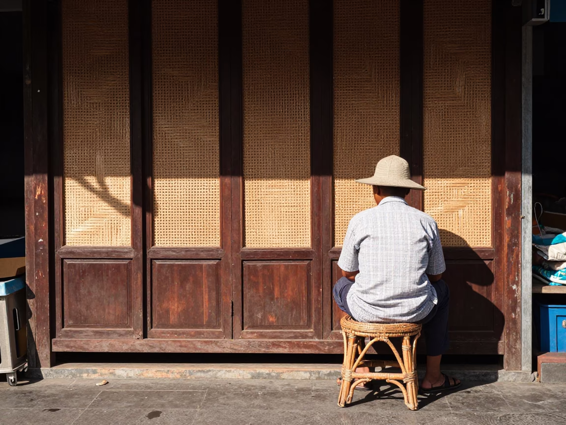Midday Street Scene in Bangkok Thailand with Woven Cane and Rattan Stool in in Bangkok, Thailand