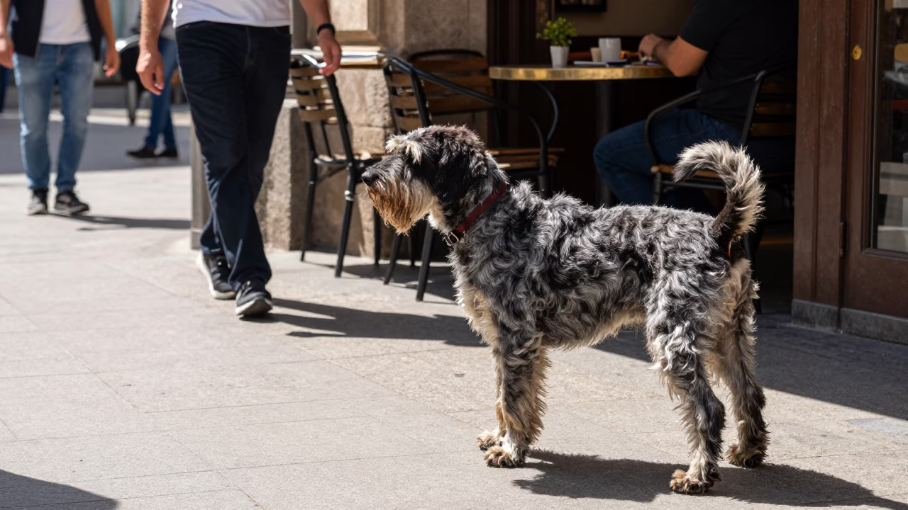 Midday Street Scene in Barcelona Spain with German Wirehaired Pointer on Sidewalk in in Barcelona, Spain