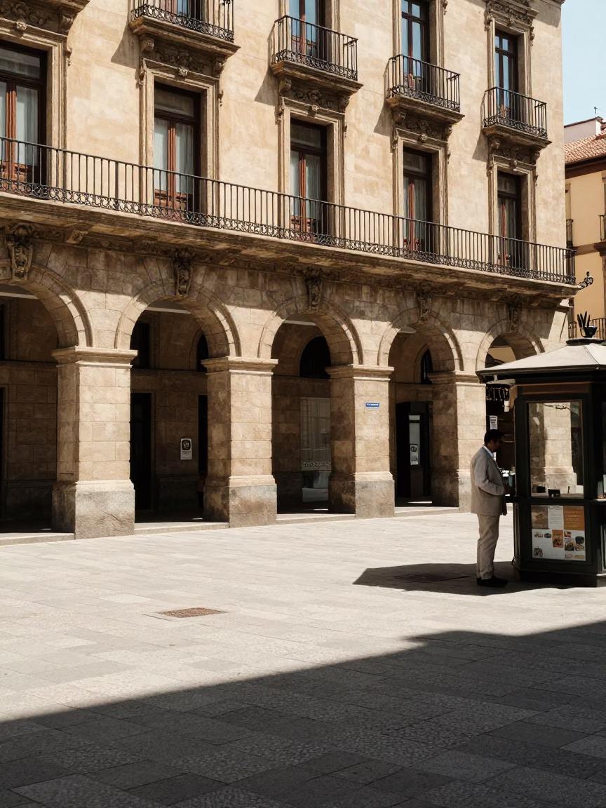 Midday Street Scene in Barcelona Spain with Vintage 1950s Architecture and Local Pedestrians in in Barcelona, Spain