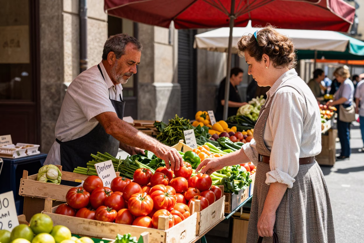 Midday Street Scene in Barcelona Spain with Vintage 1950s Charm in in Barcelona, Spain