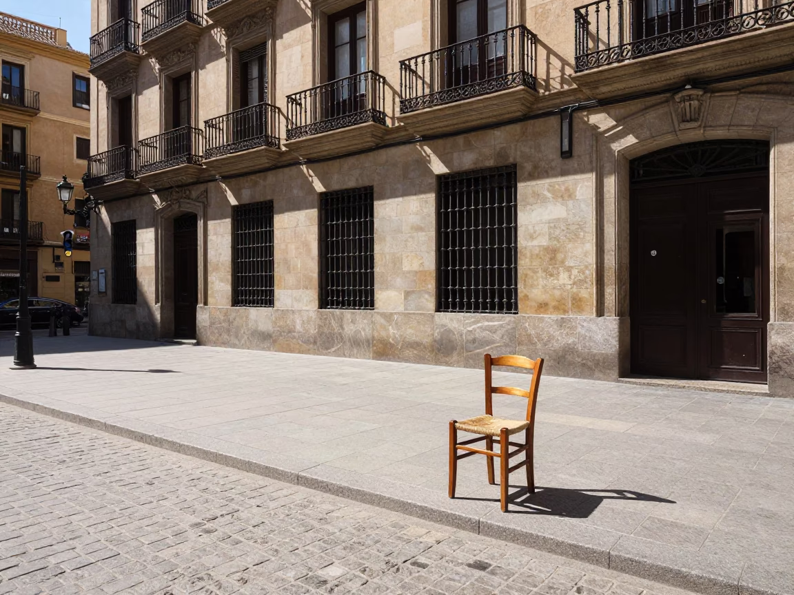 Midday Street Scene in Barcelona Spain with Wooden Chair and Local Interaction in in Barcelona, Spain