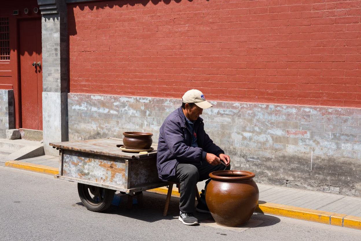 Midday Street Scene in Beijing China with Traditional Clay Pot Vendor in in Beijing, China