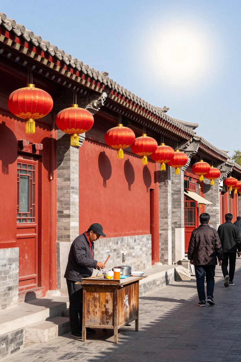 Midday Street Scene in Beijing China with Traditional Red Lanterns and Woven Basket Fibers in in Beijing, China