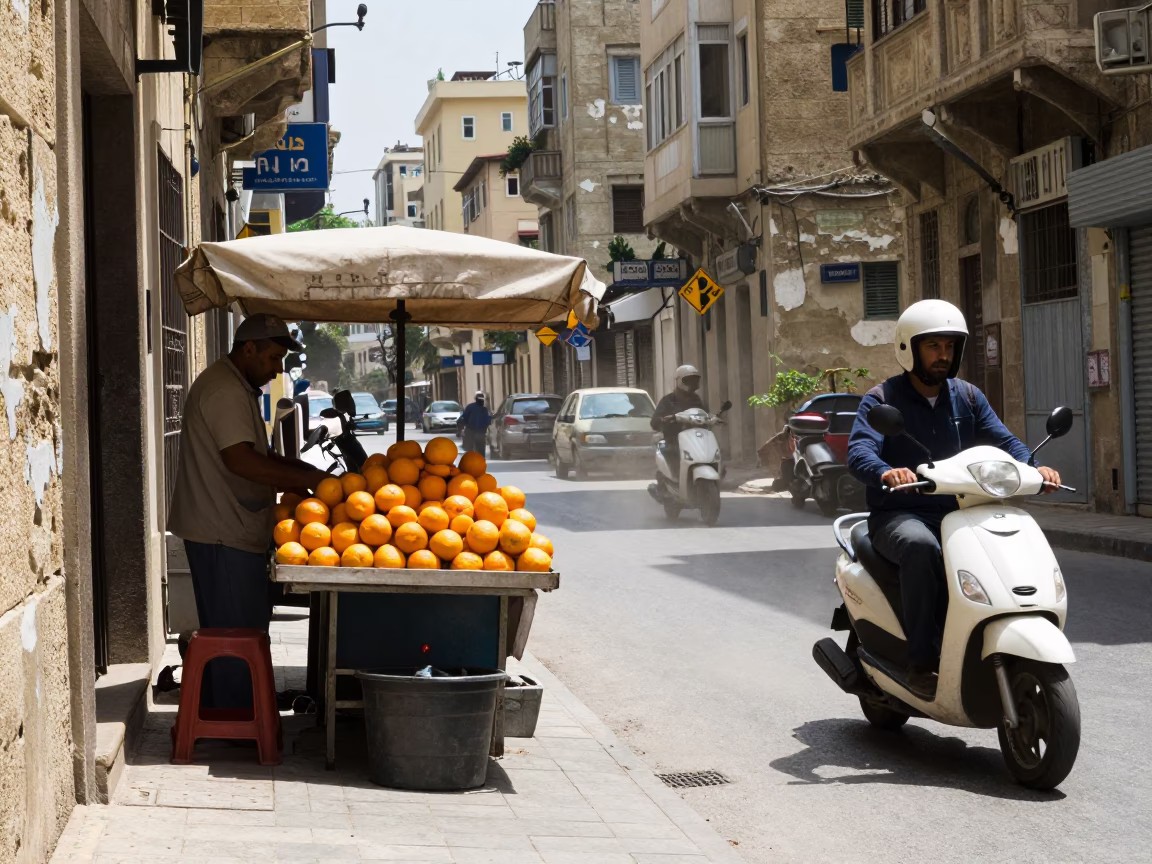 Midday Street Scene in Beirut Lebanon with Oranges and Scooter Traffic in in Beirut, Lebanon