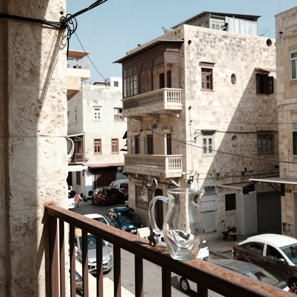 Midday Street Scene in Beirut Lebanon with Wrench and Glass Pitcher on Balcony in in Beirut, Lebanon