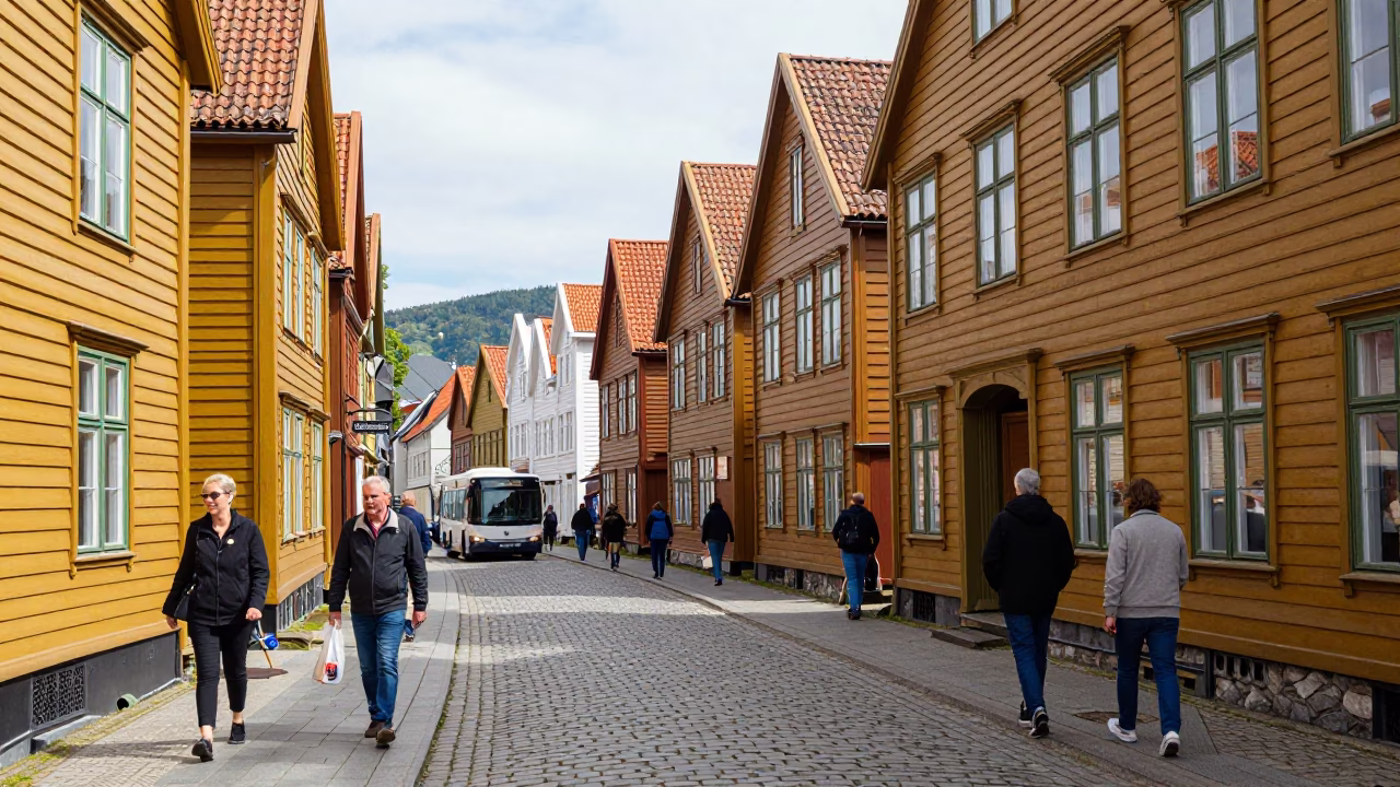 Midday Street Scene in Bergen Norway with Wooden Houses and Local Pedestrians in in Bergen, Norway