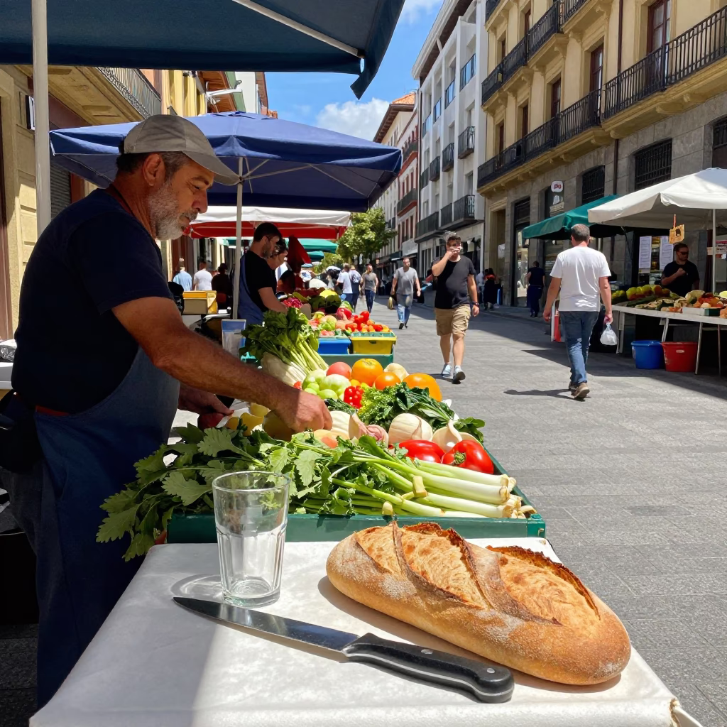 Midday Street Scene in Bilbao Spain with Local Market Elements and Architecture in in Bilbao, Spain