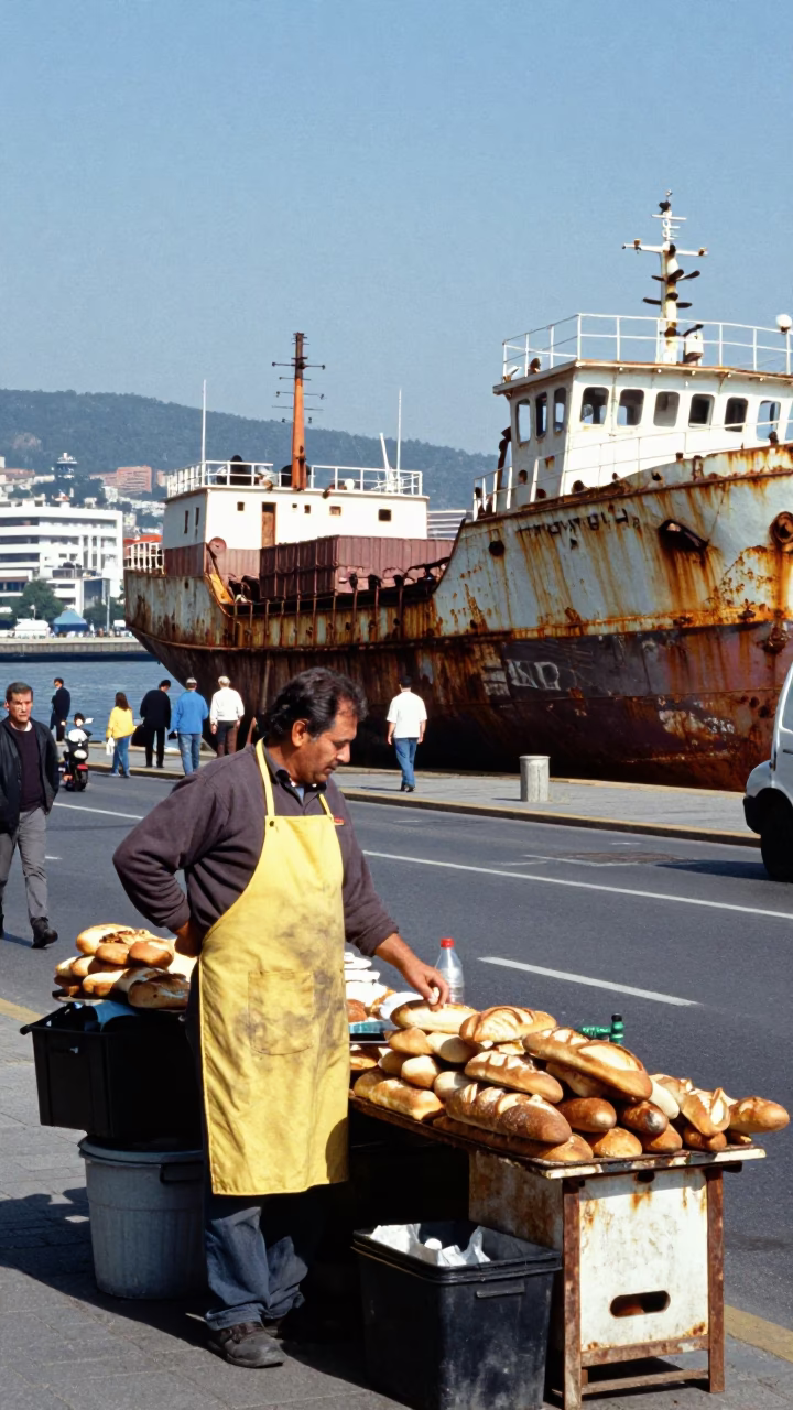 Midday Street Scene in Bilbao Spain with Rusting Ship and Cargo Vessel in in Bilbao, Spain