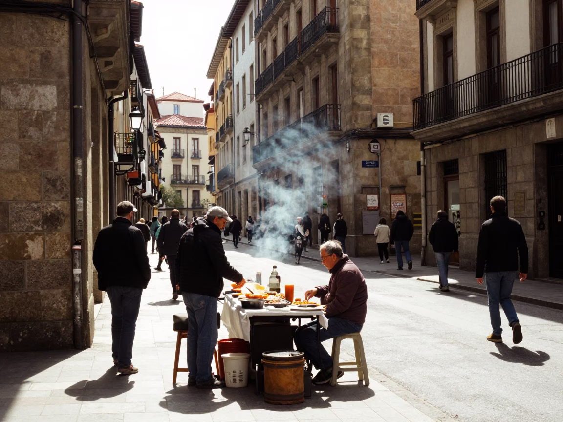 Midday Street Scene in Bilbao Spain with Traditional Food and Urban Architecture in in Bilbao, Spain
