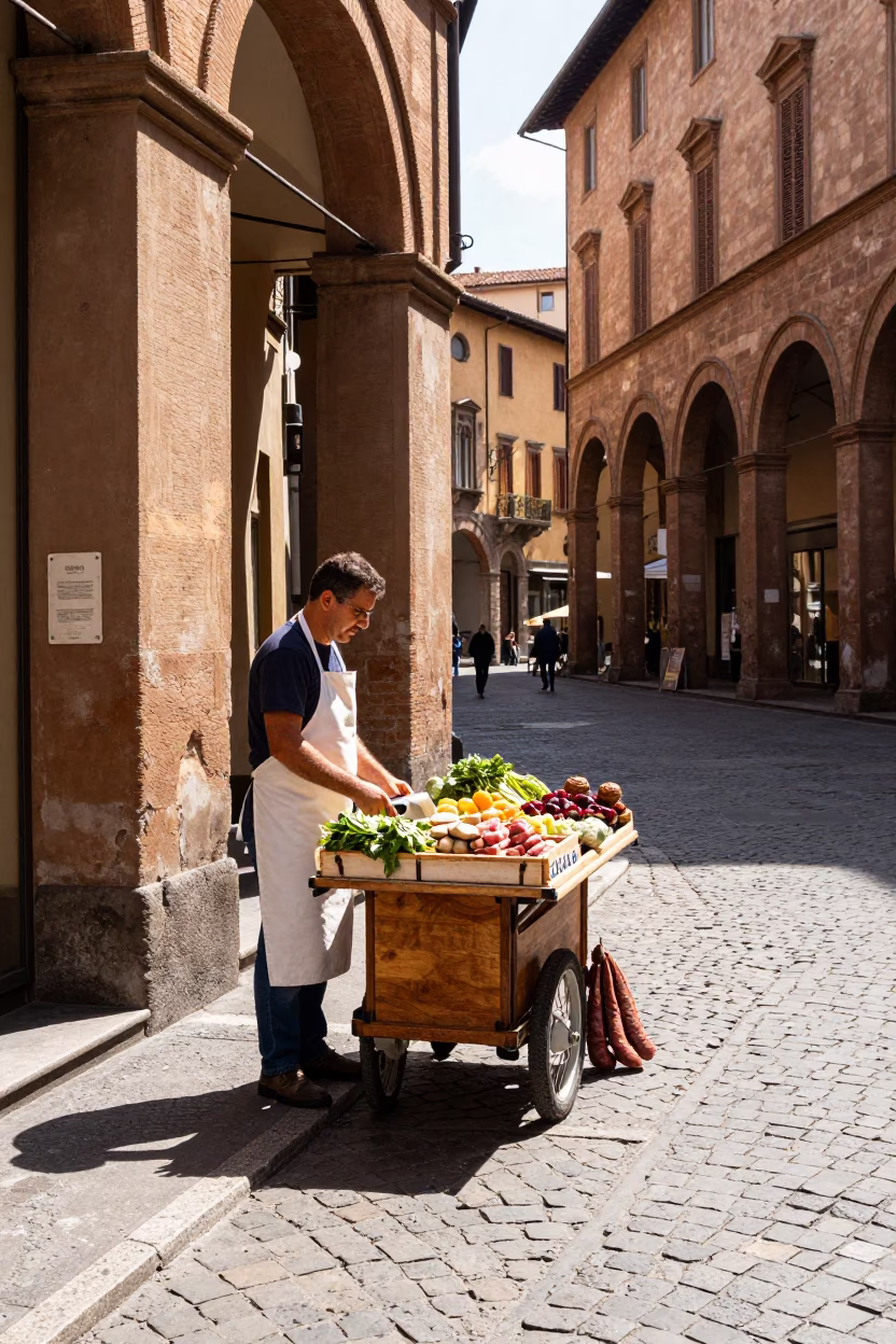 Midday Street Scene in Bologna Italy with Apron Wearing Vendor and Classic Architecture in in Bologna, Italy
