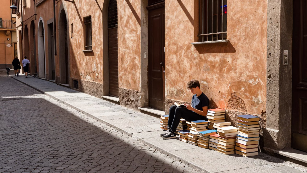Midday Street Scene in Bologna Italy with Books and Colored Glass Bottle in in Bologna, Italy