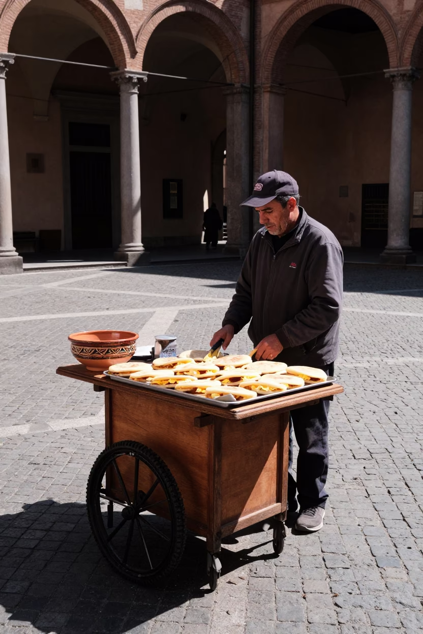 Midday Street Scene in Bologna Italy with Ceramic Bowl and Arepas in in Bologna, Italy
