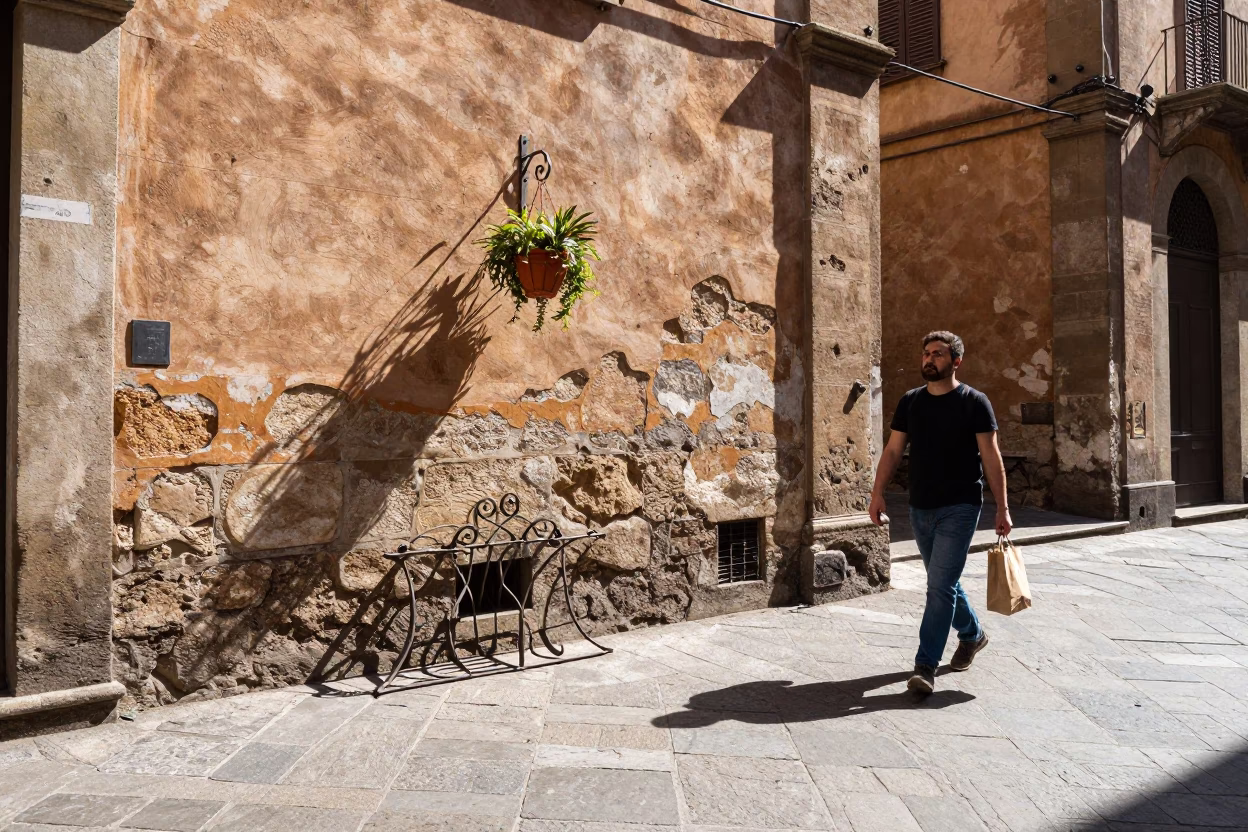 Midday Street Scene in Bologna Italy with Hanging Basket and Stone Architecture in in Bologna, Italy