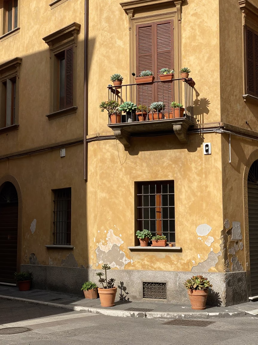 Midday Street Scene in Bologna Italy with Potted Succulents on Balcony in in Bologna, Italy
