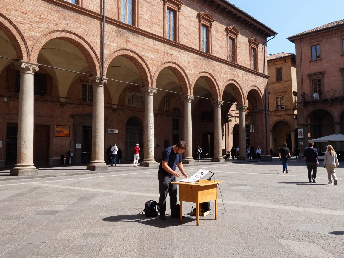 Midday street scene in Bologna Italy with traditional calligraphy demonstration near historic porticoes in in Bologna, Italy