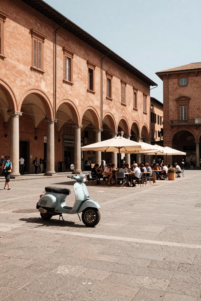 Midday Street Scene in Bologna Italy with Vintage 1970s Aesthetic and Local Dining Details in in Bologna, Italy