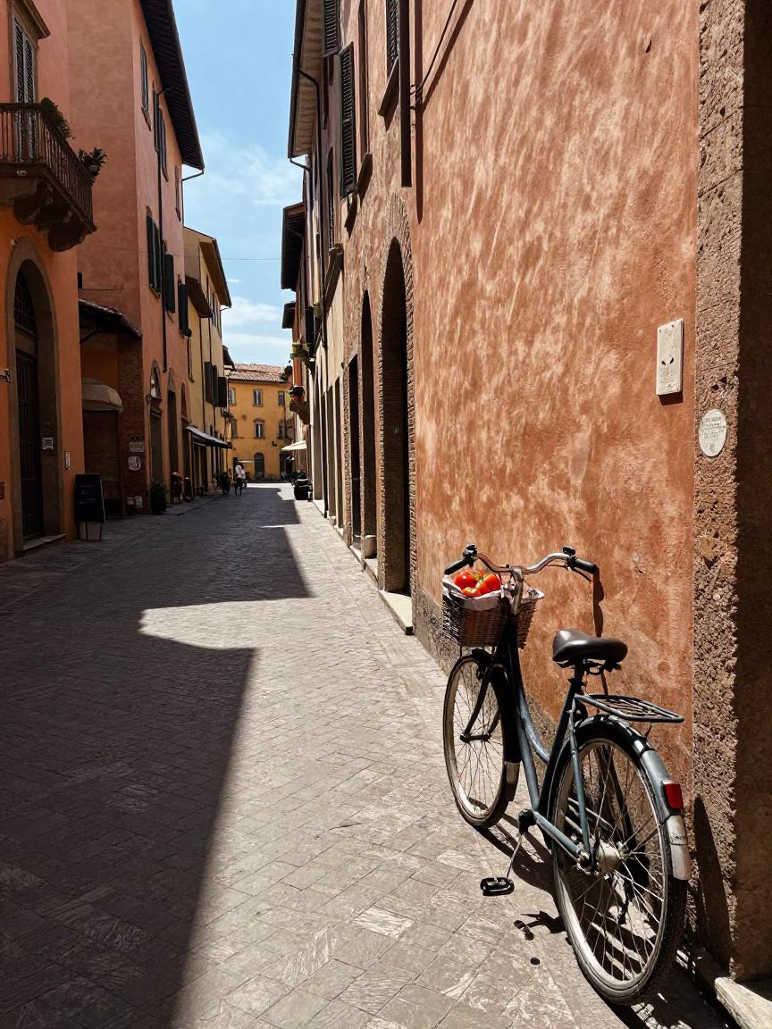 Midday Street Scene in Bologna Italy with Vintage Bicycle and Local Market Goods in in Bologna, Italy