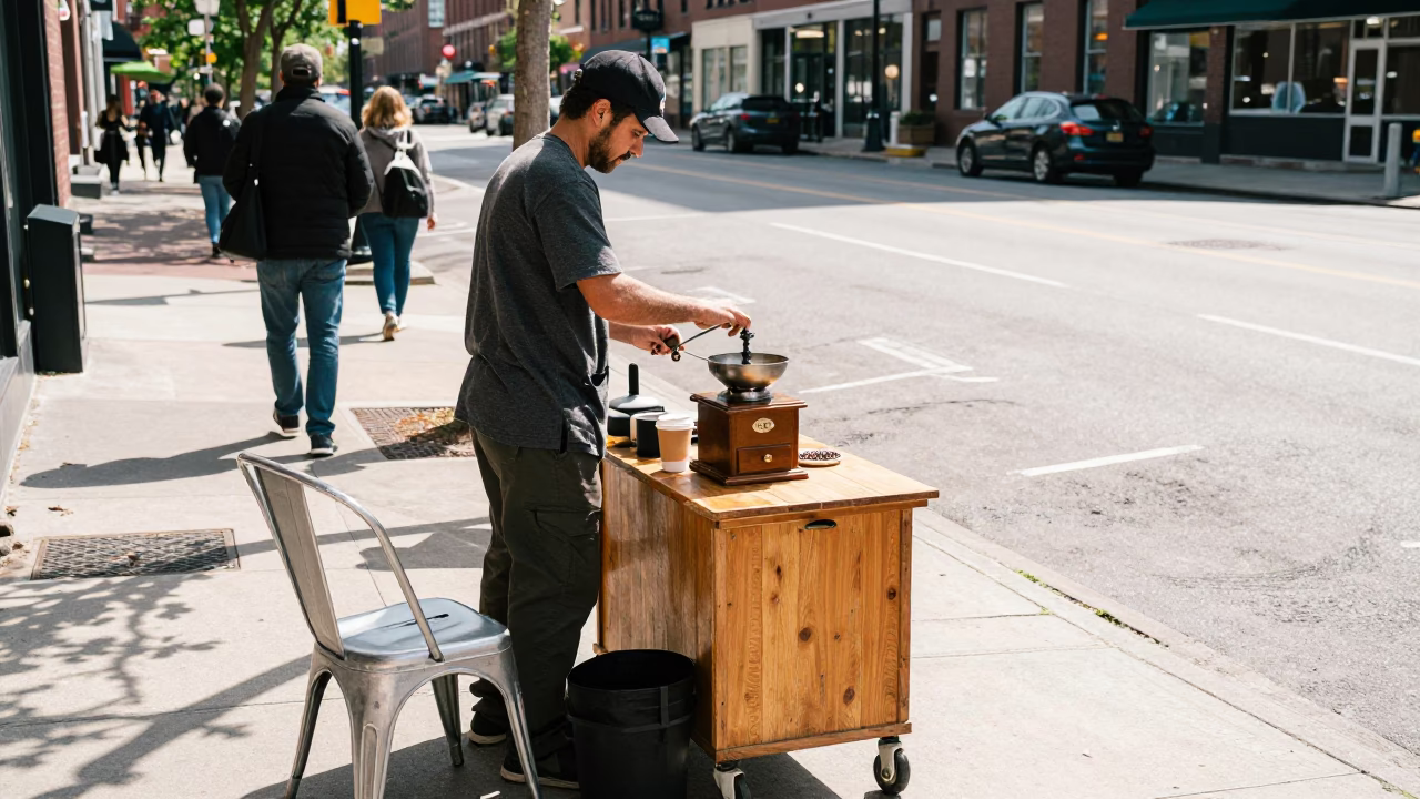 Midday Street Scene in Boston Massachusetts with Steel Chair and Coffee Grinder in in Boston, Massachusetts, United States