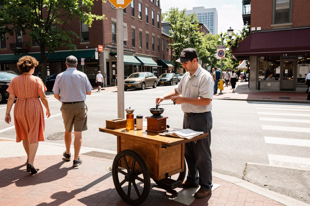 Midday Street Scene in Boston Massachusetts with Vintage Coffee Grinder and Cardigan Clad Pedestrians in in Boston, Massachusetts, United States
