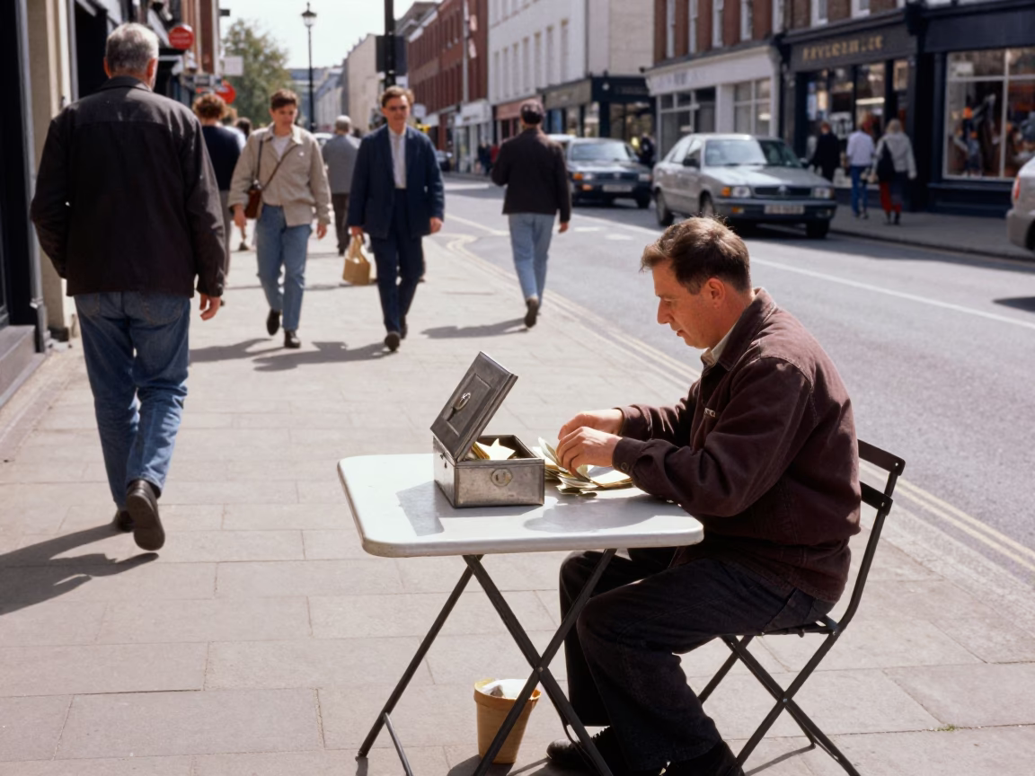 Midday Street Scene in Bristol UK with Folding Tables and Lockbox in in Bristol, United Kingdom