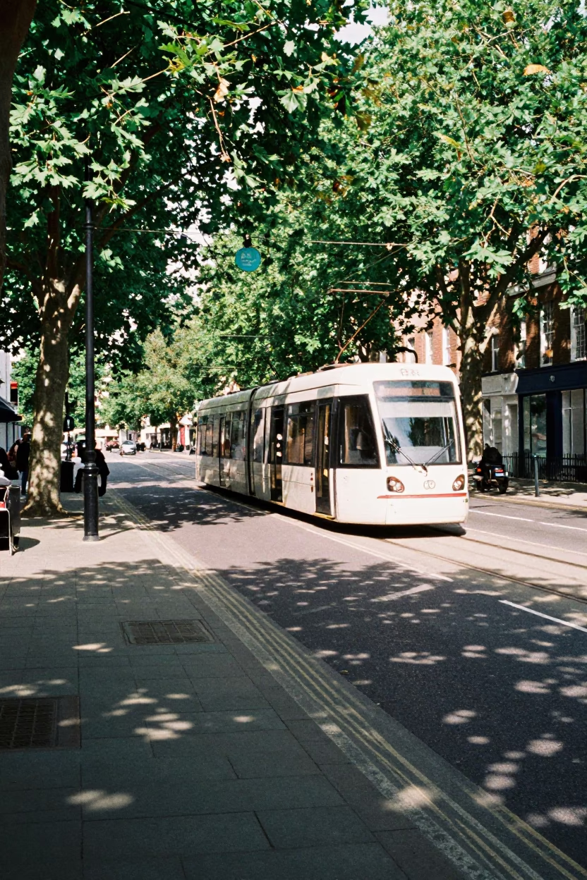 Midday Street Scene in Bristol UK with Tramcar on Tree-Lined Boulevard in in Bristol, United Kingdom