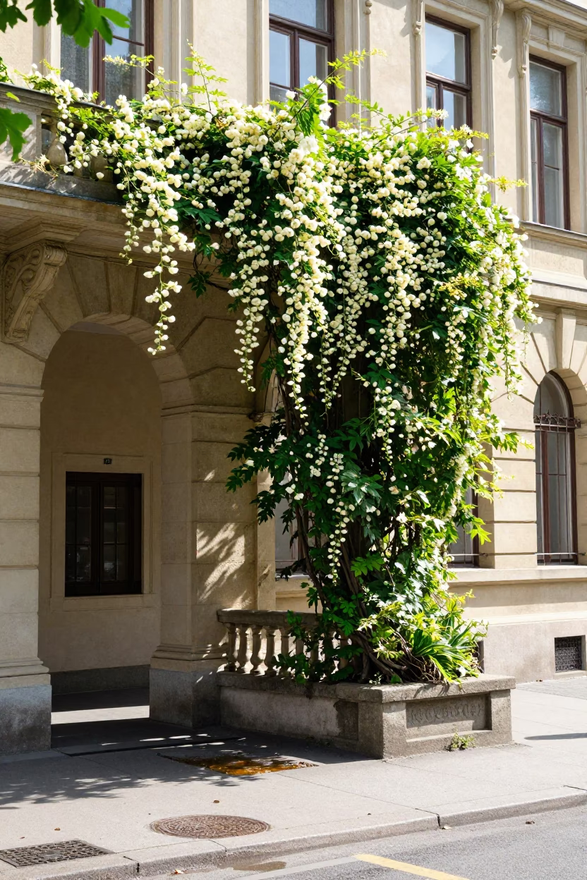 Midday street scene in Budapest Hungary with climbing jasmine and university arcade in in Budapest, Hungary