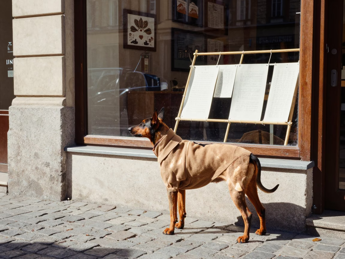 Midday Street Scene in Budapest Hungary with German Pinscher and Urban Details in in Budapest, Hungary