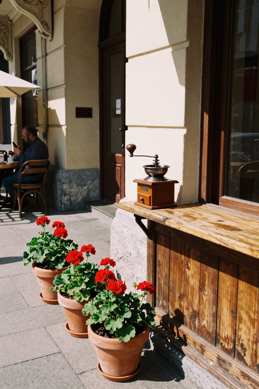 Midday Street Scene in Budapest Hungary with Vintage Coffee Grinder and Potted Geraniums in in Budapest, Hungary