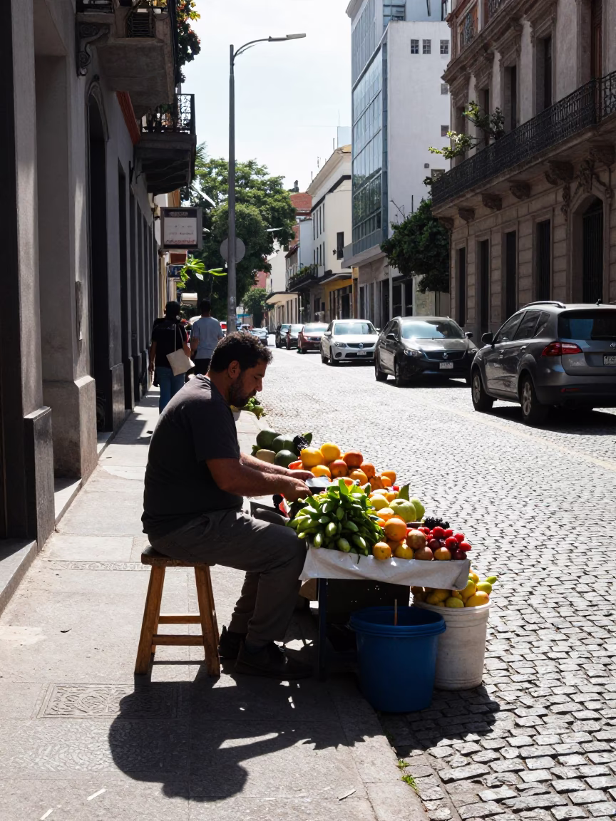 Midday Street Scene in Buenos Aires Argentina with Wooden Stool and Fruit Crate in in Buenos Aires, Argentina