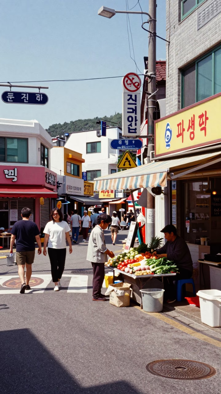 Midday Street Scene in Busan South Korea with Local Vendors and Urban Details in in Busan, South Korea