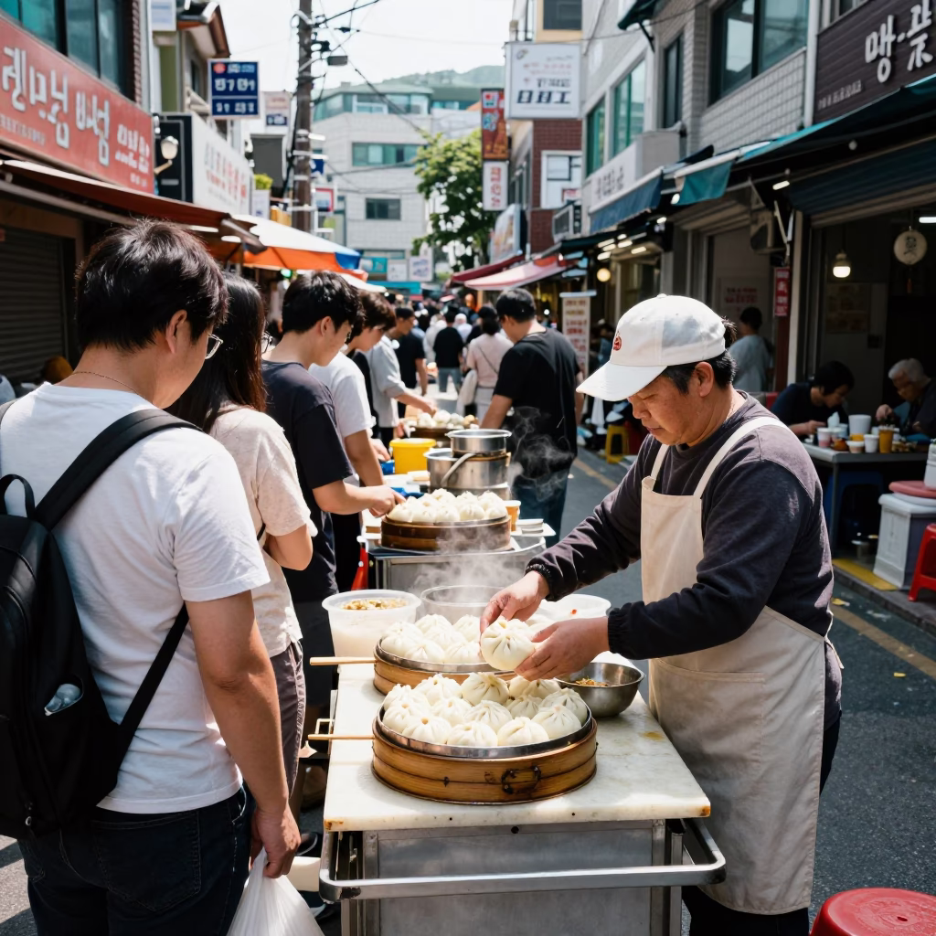 Midday Street Scene in Busan South Korea with Traditional Food and Urban Life in in Busan, South Korea
