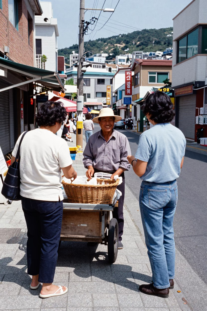 Midday Street Scene in Busan South Korea with Wicker Basket and Local Interaction in in Busan, South Korea