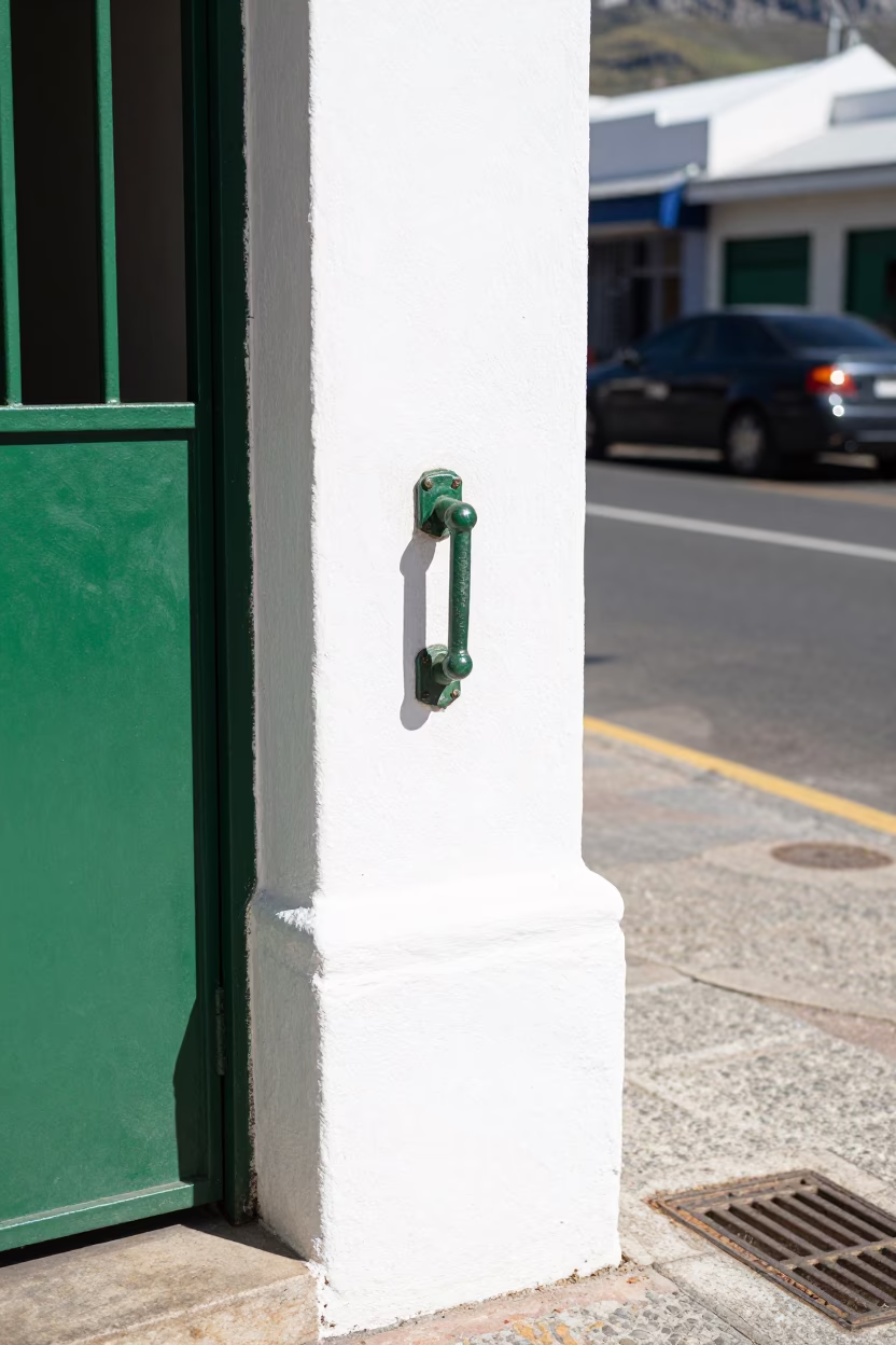 Midday street scene in Cape Town South Africa with gate handle and drain condensation in in Cape Town, South Africa